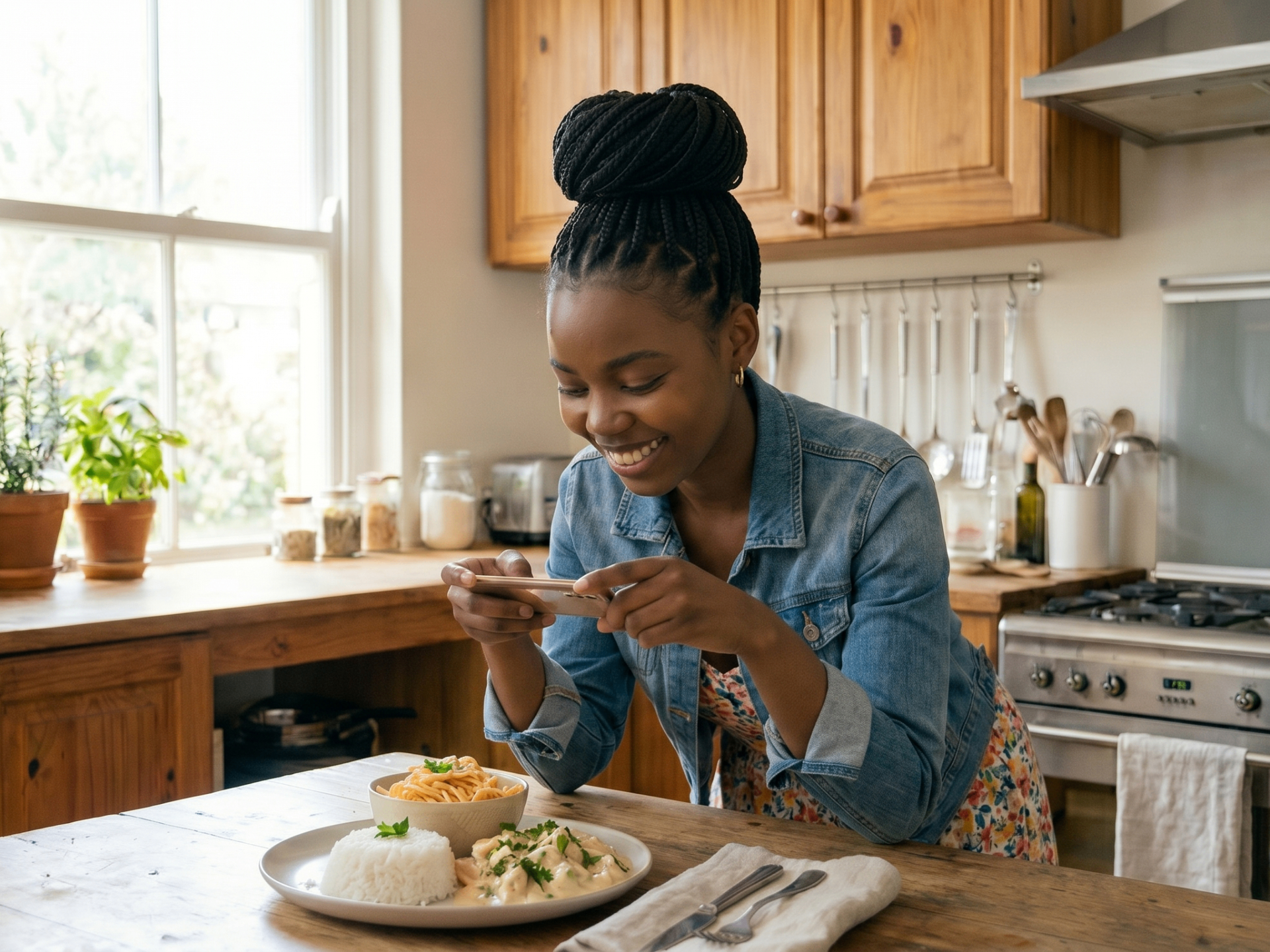 Mulher angolana sorridente a fotografar o prato pronto, com orgulho do que cozinhou